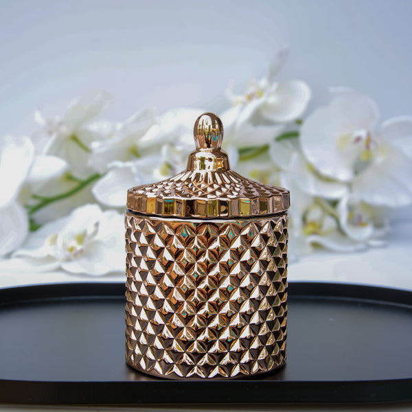 Geo Soy Wax Scented Candle in a gold coloured jar