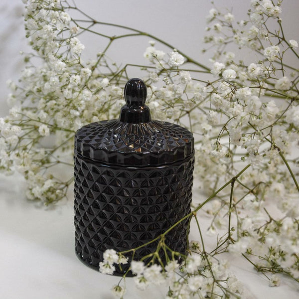 Geo Soy Wax Scented Candle in a black coloured jar