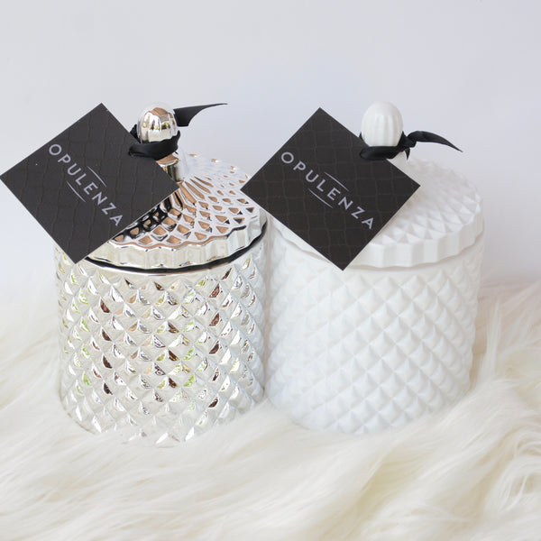 Geo Soy Wax Scented Candles, silver and white jars available.
